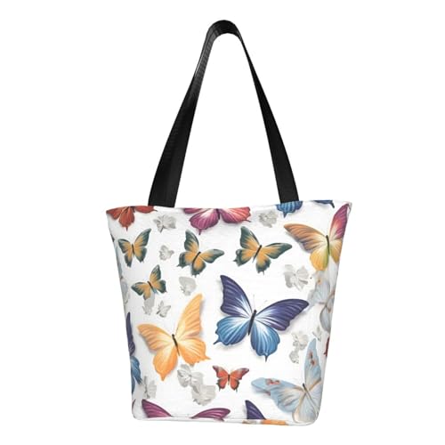 White Floral Colorful Butterflies Print Lightweight Shoulder Bag Summer Outings Tote Bags Travel Hiking Work Casual Use