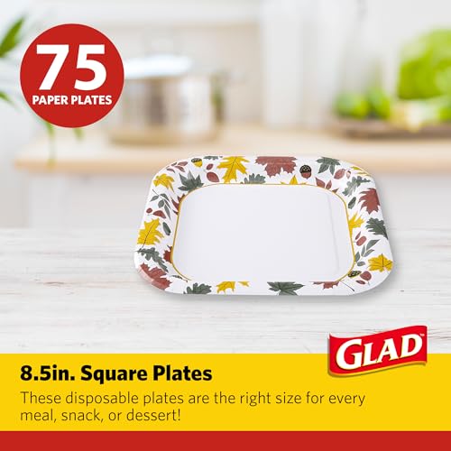 Image of Glad Square Disposable Paper Plates, Falling Foliage, 8.5 Inch, 75 Count