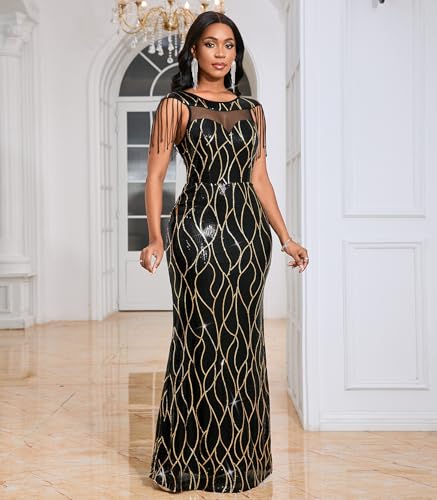 Image of Cololura Women Sexy Sequin Mesh Perspective Bodycon Party Cocktail Evening Gown Maxi Dress