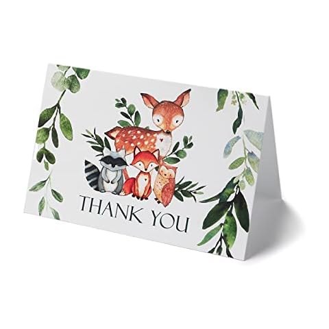 25 Woodland Thank You Cards With Envelopes (Thick Card Stock) Baby Shower, Woodland Greenery Large Size 4x6 Deer Raccoon Fox Owl Gratitude For Party, Girl Boy Children Birthday Stationery Cover