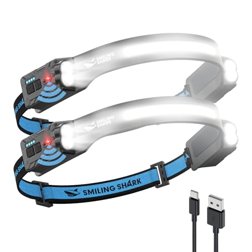 Smiling Shark ヘッドライト TD-0123-S 【2つの集光ライト・幅広い照射範囲】Type-C充電式 高輝度 LEDヘッドランプ 強力 5つ照明モード 点滅 270°以上広角照明 人感センサー付き 8時間連続使用可能 IPX4 防水防塵 多機能 釣り 登山 散歩 キャンプ 作業 災害 停電 最適 二個入り