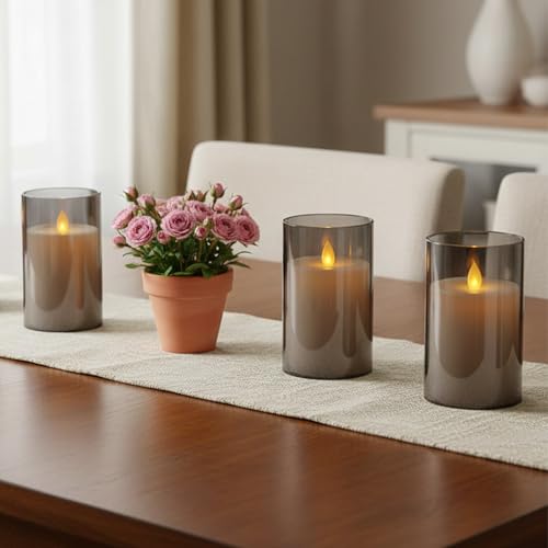 Image of LTETTES Flameless LED Candle with Grey Acrylic Fiberglass - 5x3 inch| Swiveling Faux Wick, AA Battery Powered with Remote & Timer | Smokeless Electric Candle for Home, Festival, Wedding Decor & Gifting