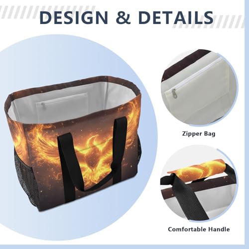 Large Waterproof Travel Tote Bag for Women Men, Phoenix Flames Canvas Beach Bag with Lining & Pockets - Reusable Grocery/Laundry/Kitchen/Pool/Picnic Tote (15.4x9.8x12.8in)4