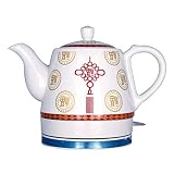 Céramique électrique sans fil blanche blanche théière-rétro 1L pichet, 1000w eau rapide pour le thé, le café, la soupe, la base amovible à l'avoine, la protection à sec, les distributeurs d'eau chaude