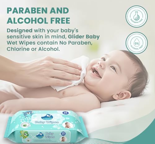 Image of [ ] GLIDER Baby Wipes | 25 Wipes /Pack | Soft and Thick with 98% Water | Aloe Vera & Vitamin E | (Pack of 4 (100 Wipes)
