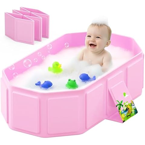 Collapsible Baby Bathtub, Toddler Bathtub with a Drain Plug, Folded for Storage Without Assembly, Suitable for Newborns to Toddlers, Portable Bathtub for Outdoor Travel, Pink Cover