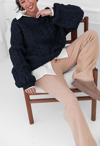 Image of PRETTYGARDEN Womens Sweaters Spring 2026 Cable Knit Long Sleeve Crewneck Oversized Sweater Chunky Pullover Loose Outfits