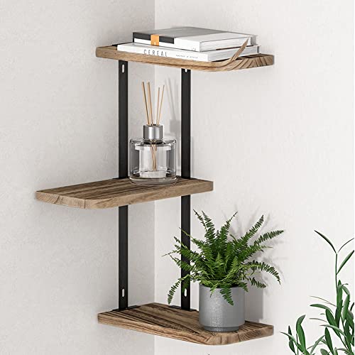 Artiss Floating Wall Shelf, 3 Tiers Corner Storage Shelves Towel Rail Rack Bracket Bathroom Decor Kitchen Hanging Organizer, Wall-Mounted DIY Round Edge Design Wooden
