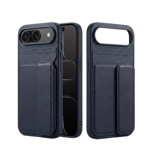Image of amazon basics Luxury Vegan Leather Back Cover for iPhone 17 Air | Built-in Card Holder Slot | Integrated Mobile Stand | Slim Shockproof Protective Case with Stitched Finish - Blue