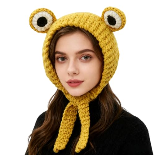 ANKOMINA Women Frog Headband Hat Cute Crochet Knitted Winter Beanie Cap Big Eye Frog Earflap Ear Protective Hat