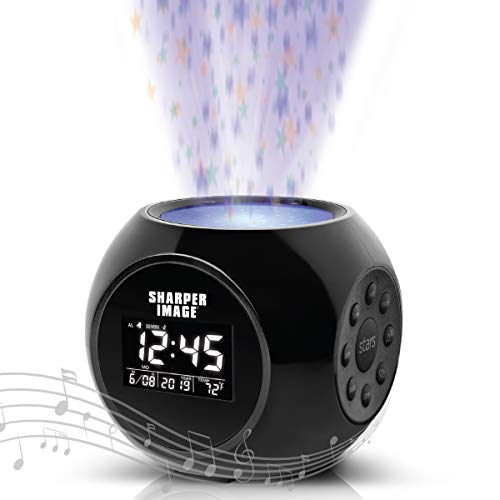 SHARPER IMAGE Sound Machine Alarm Clock with Stars Projection, 6 Nature Sound Soother Therapy Tracks, Temperature and Date Display, Battery-Powered, Alarm and Timer Functions