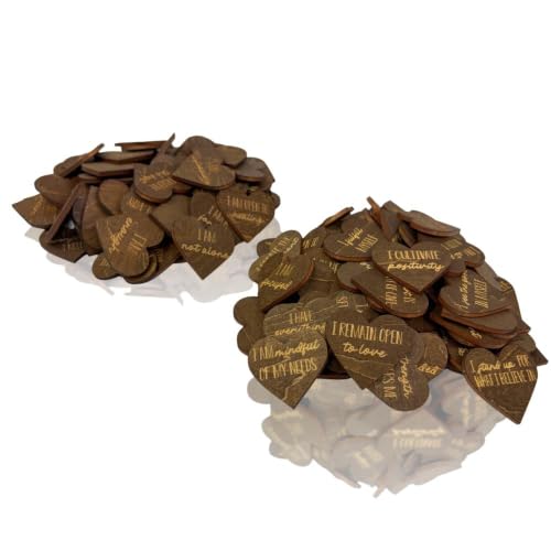 Image of Two Pack of Sunny Lark Positive Affirmation Wood Cutouts | Two Sets of Identical 72 Laser Engraved Hearts with Positive Affirmation Messages | Includes Affirmation Holder | Daily Motivational Gift