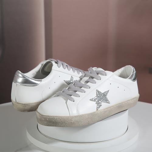Sneakers for Women - Fashion Bling Star Sequins Sneaker - Cushioned Low Top Platform, Rubber Sole Leather Upper Lace Up Walking Shoes - Casual Comfortable Running Sports Shoes2