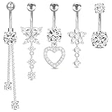 Fresilkora 5pcs Dangly Belly Button Bars, Stainless Steel Dangly Belly Button Ring, Hypoallergenic Navel Piercing Jewelry For Women, Titanium Belly Bars, Belly Button Piercing for Womens Girls