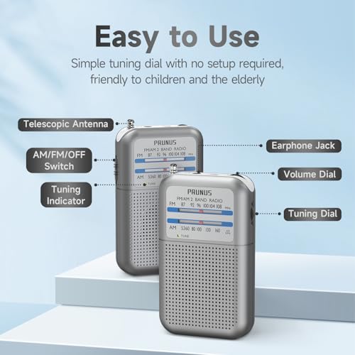 Pocket Battery AM FM Radio Portable, Mini Transistor Radio with Excellent Reception, Tuning Knob with Signal Indicator, AAA Battery Operated for ICE Storms&Walking, DE333 by PRUNUS