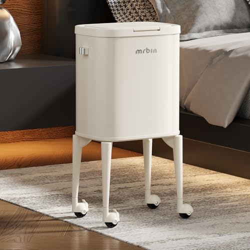 Image of MRBIN Metal Kitchen Trash Can with Wheel Legs, 23L /6.1gal Medium Press on Lid Slim Removable Waste Basket, Pet Proof Garbage Pail for Bedroom, Living Room, Cream White
