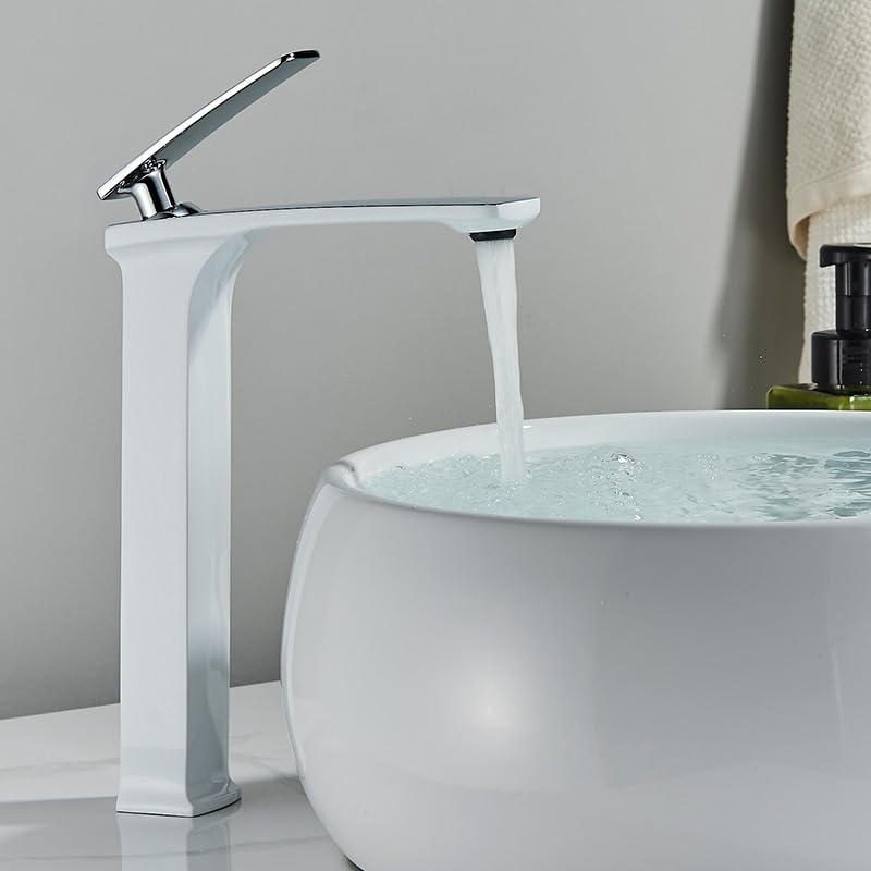 Robinet de lavabo blanc et chrome haut mitigeur eau chaude et froide pour vasque de salle de bain