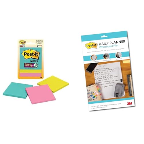 Image of 3M & Post-It - Post-it Super Sticky Notes | 2X Sticking Power | 3 Pads x 45 Sheets | 3 inch x 3 inch | Notes, Reminders, Study, School and organizing | Bright Neon Colours & Wood 3M Dry Erase Writing Surf...