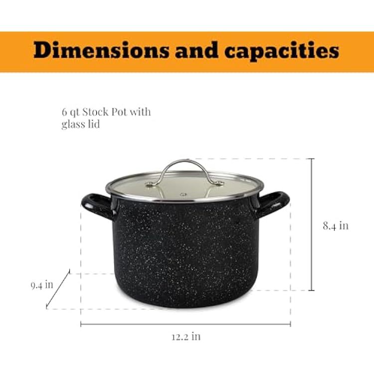 Granite Ware 5-Piece Bicolour Cookware Set, Enameled Steel with Glass Lid, Speckled Black & Cream, Oven Safe to 935F