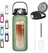 BLUEGO 56oz Glass Water Bottles with Straw Time Marker Half Gallon Large Motivational Water Bottl...