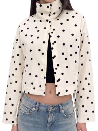 Fisoew Womens Polka Dot Cropped Jacket Zip Up Drawstring Lightweight Coat - image 1