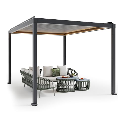 Motorized Aluminum Louver Pergola with LED Lights, 10x13 FT Solar Electric Powered Outdoor Pergola with Remote for Backyard Deck Garden Poolside