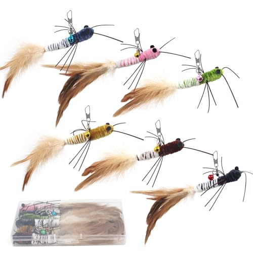SONGWAY Insect Cat Toys with Feather - 6 Pieces Cat Worm Toy Refills, Cat Toy Wand Attachments, Worm Cat Toys, Interactive Toys for Indoor Cats Kittens