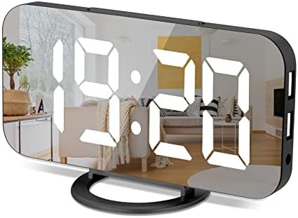 Digital Alarm Clock,6" Large LED Display with Dual USB Charger Ports | Auto Dimmer Mode | Easy Snooze Function, Modern Mirror Desk Wall Clock for Bedroom Home Office for All People (Black)