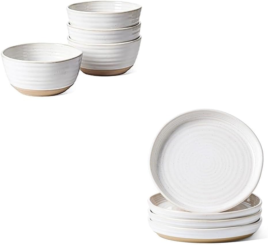LE TAUCI Cereal bowls 28 oz, 6 Inch Ceramic Soup Bowl for Kitchen +Salad Plates 8 Inch,Set of 4, Arctic White