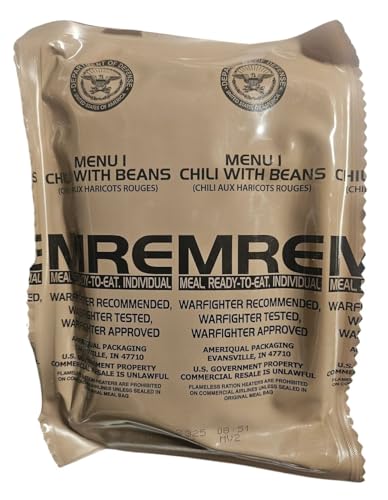 Genuine USGI MRE [Meal Ready to Eat] Inspection Date 01/2026 or Newer [New Packaging] - You Choose Menu Ration with Entree Snacks Dessert Drink Mix Utensils Condiments and FRH. (Chili with Beans)