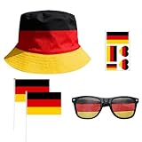 RAOPNHS Deutschland Fanartikel Set 5-teilig, WM Zubehör mit Deutschland Mütze Brille Fahne und Tattoos, Perfektes Outfit für Public Viewing und Fußball Party
