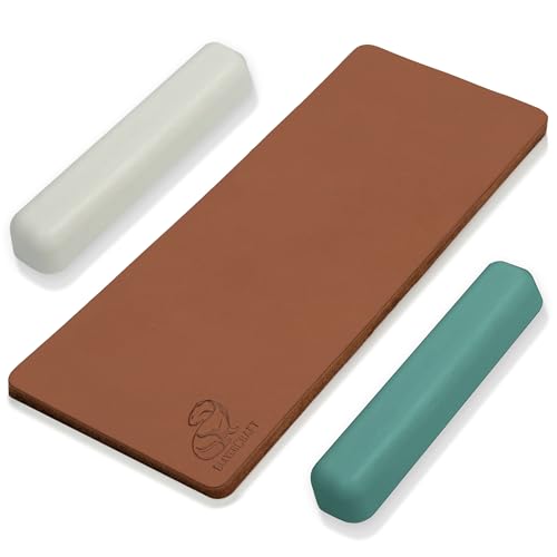 BeaverCraft Leather Strop Kit for Knife Sharpening - Knife Strop Block 8" x 3" - Stropping Leather Kit LS2P11 with Green-Gray & White Polishing Compound - Knives Sharpener and Buffing Compounds