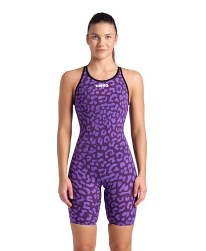 ARENA Powerskin Carbon Air2 Kneeskin Closed Back Women's Racing Swimsuit Limited Edition Full Body Short Leg One Piece Athletic Tech Suit, Leopard Print Violet, US Size 24