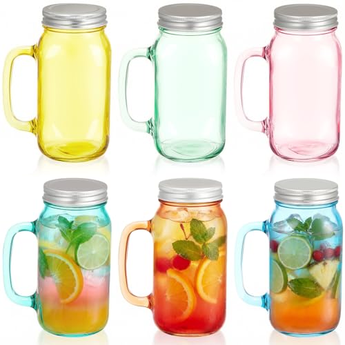 LemonRoad 6 Pcs 24oz Mason Jar Cups with Handle and Lids Drinking Large Mason Jar Glasses Iced Coffee Cup with Lids and Handles Glass Mugs for Cold Beverages, Juice Party Beverages (Colorful)