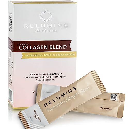Relumins Marine Collagen Powder Drink Mix - Collagen Peptide with Glutathione, Green Tea, CoQ10, & Hyaluronic Acid Boosts Smooth Glowing Skin - 10 Powder Sachets x Vanilla Flavored