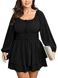SCOMCHIC Women Plus Size Romper Dress Short Jumpsuit Square Neck Long Sleeve Fall High Waist Ruffle Mini Boho Jumpsuits