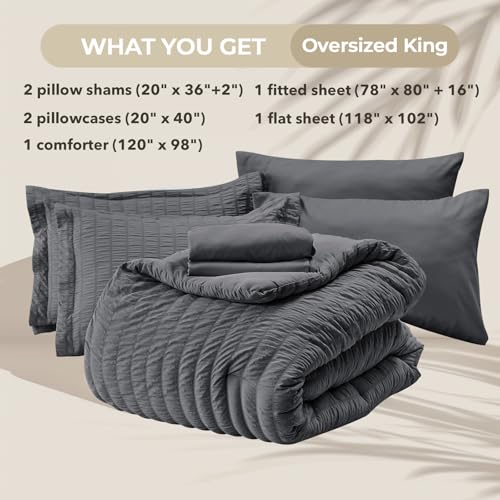 Image of HYMOKEGE Oversized King Comforter Set Seersucker 7 Pieces, All Season Luxury Bed in a Bag for Bedroom, Bedding Set with Comforter, Sheets, Pillowcases & Shams, Dark Grey