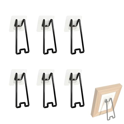 Zlokdraxy Lot de 6 Supports de Cadre Photo Auto-adhésifs, 3 Tailles (13/18/23cm) en Acier Inoxydable Noir, Chevalets sans Percer pour Décoration Intérieure