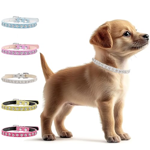 VernAlly White Dog Collar for Small Dogs,XS Dog Collar,Bling Glitter Pu Leather and Rhinestone Decoration,Pet Collar for Dog Cat Bunny,Puppy Collars for Walking Wedding. (White, XS(Neck:7.5"-10.7"))