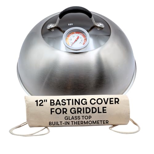 Family Counter Basting Cover for Griddle with Thermometer and Glass Top, 12-Inch Stainless Steel Melting Dome with Steam Vent for BBQ and Grilling on Flat Top, Blackstone Griddle Accessories