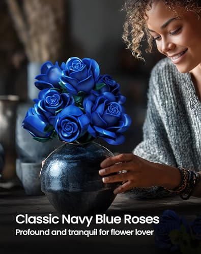 Image of Blue Roses Bouquet Building Set, Artificial Flowers Botanical Collection Blocks Kit Compatible with Lego for Adults, Gothic Home Decor for Easter and Mother's Day - IA11007 (608PCS)