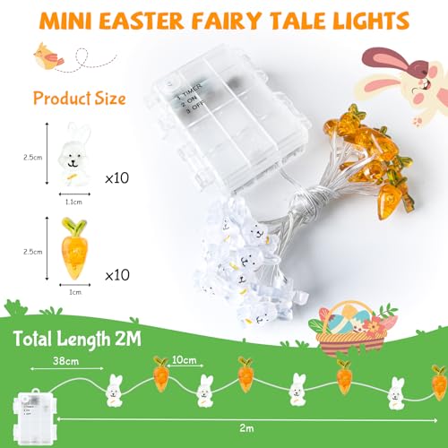 Gcstnn Lichterkette Ostern Batterie, 2M 20LED Hase Karotte Lichter mit 6h Timer, IP65 Wasserdicht Ostern Geschenk Lichter für Kinder Schlafzimmer Party Innen Außen Oster Deko-Warmweiß