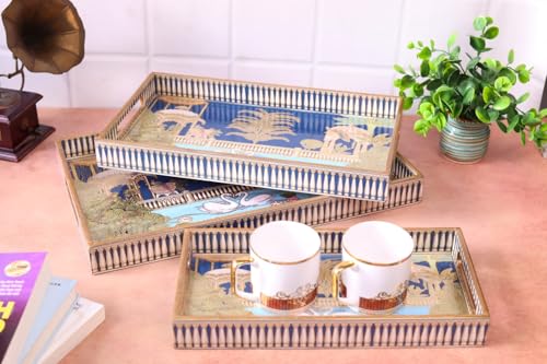 Image of Rectangular Wooden MDF Serving Trays Set of 3 (16x10, 14x8, 12x6 Inches) - Enamelled Finish with Easy-Grip Handles, Perfect for Dining, Tea, Snacks & Home Decor (Swan Tray)