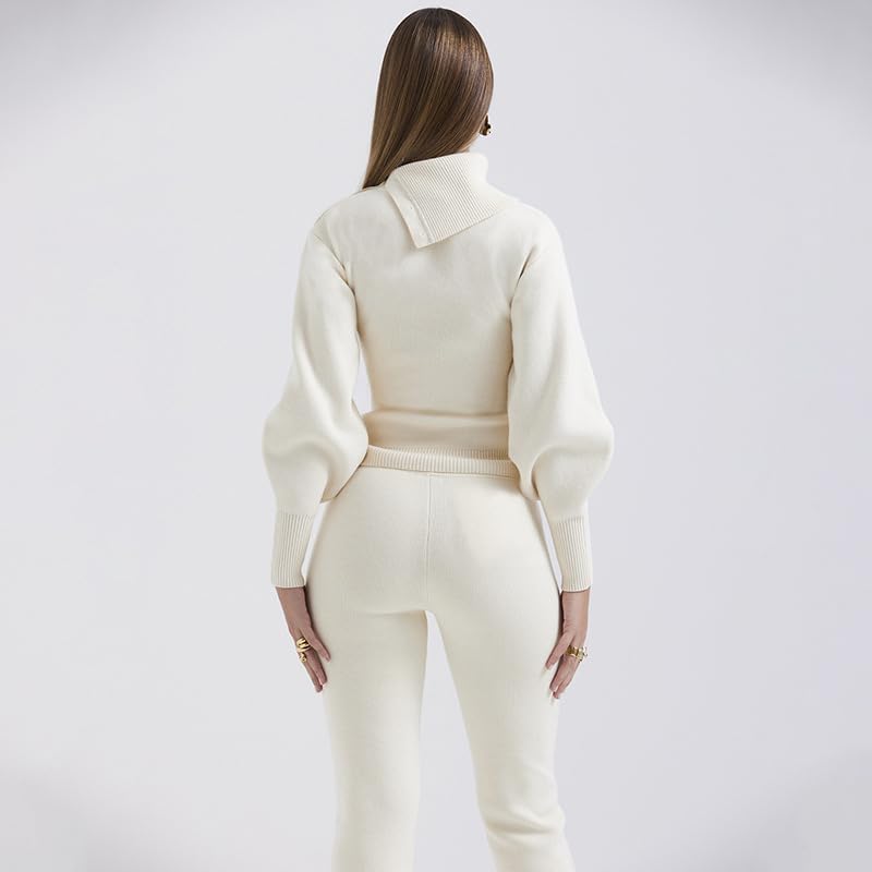THLAI 2 Piece Outfits for Women Knit Puff Sleeve Button Boot Cut Pants Sets