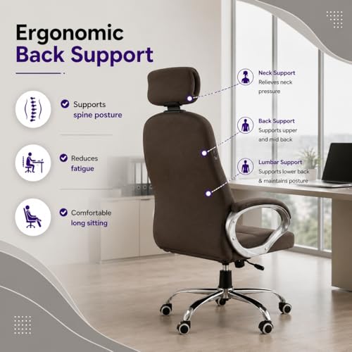 Image of Zen Executive Ergonomic Office Chair for Work from Home | Leatherette Revolving Chair with 360 Swivel, Chrome Base & Cushioned Seat (Brown, High Back)