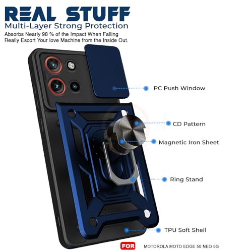 Image of Armor Bumper Back Cover Case for Motorola Moto Edge 50 Neo 5G | Rotating Camera Cover, Ring Holder & Kickstand | Heavy Duty & 360 Degree Protection Back Cover (Blue)