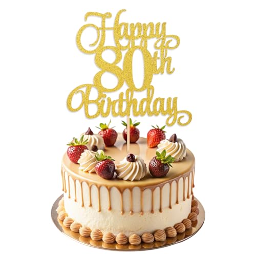 ZEYIYER Gold 80th Birthday Cake Toppers 80th Happy Birthday Cake Decorations Glitter Eighty Years Old Cakes Pick for Women Men Party Supplies