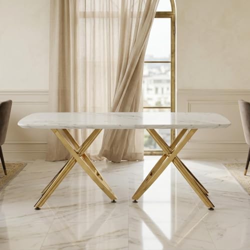 Image of Royaloak Romania Italian Marble Dining Table Six Seater | Premium Marble Top with Rounded Corners, Gold-Finished Intersecting Metal Legs & Contemporary Design | Elegant Dining Table Without Chair