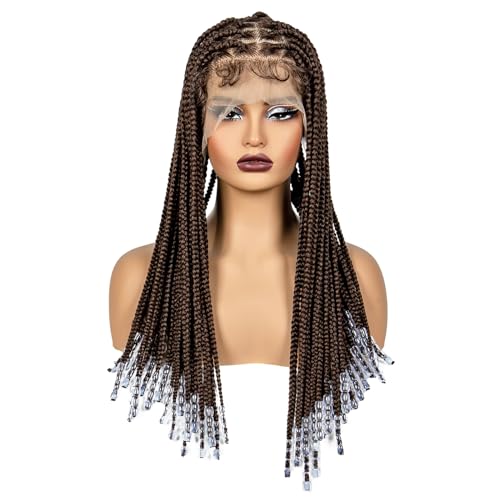 A ANYTIME 20 Inches Straight Full Lace Braided Wigs for Women Girls Synthetic Lace Front Braided Wig with Beads Knotless Cornrow Twist Braids Wigs with Baby Hair(1B/30)