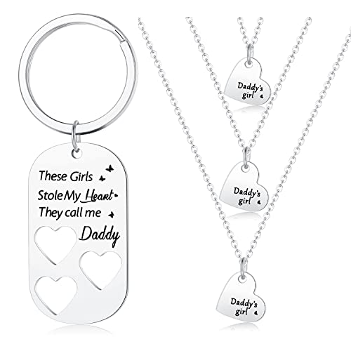 Cerslimo Father Daughter Gifts-These Girls Stole My Heart They Call Me Daddy Keychain And Daddy's Girl Heart Cut Out Necklace Set, Fathers Day Birthday Gifts For Dad From Daughters, Silver #TOP11